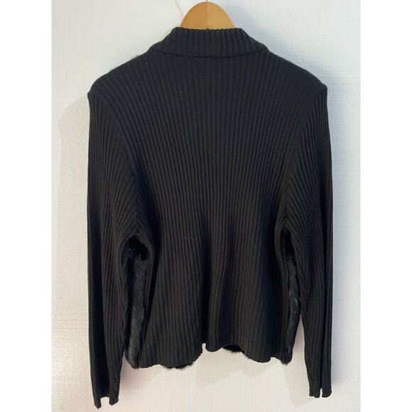 Kathie Lee Black Zip Up Sweater Faux Fur Front Ribbed Back Size XL Jacket - Picture 3 of 6